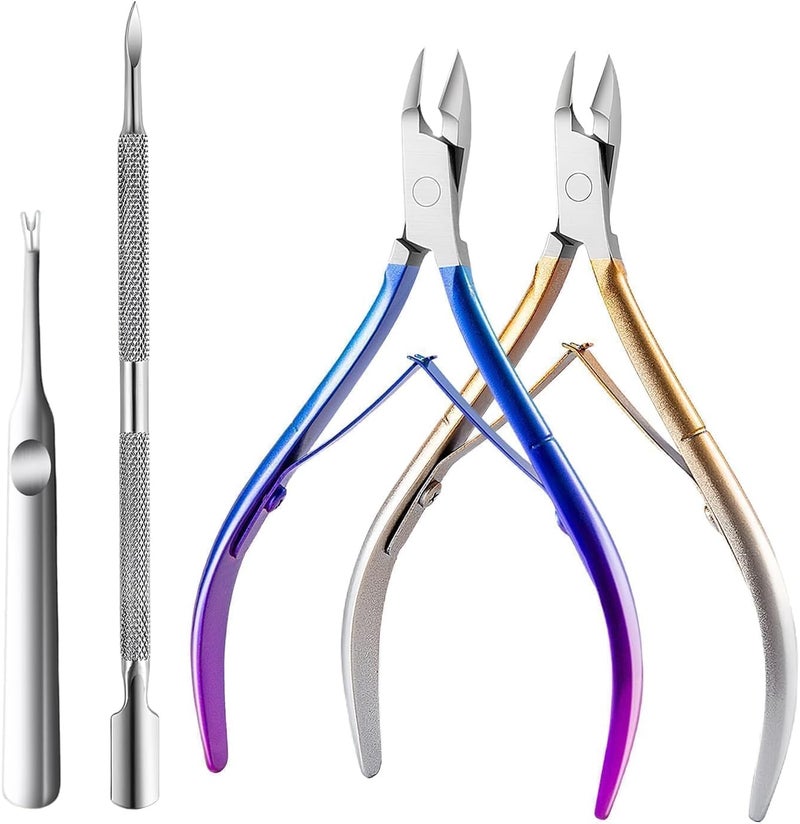 cmetta Cuticle Nipper, Polished Coated Durable Trimmer with Pusher, Nail Clipper with Fine Edge, Comfort Grip Cuticle Cutter and Remover Tool Kit for Nail Care (Yellow+Blue+Pusher) - Image 1